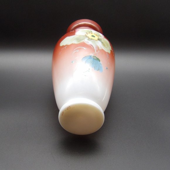Antique Hand Painted Bristol Glass Vase Red Burgundy Umber with White Flower 9" - Picture 7 of 10
